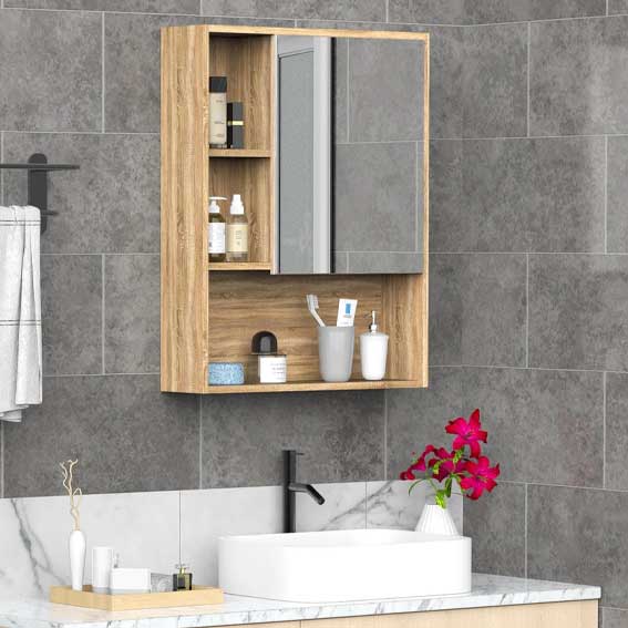specchiera per bagno in legno con mensole