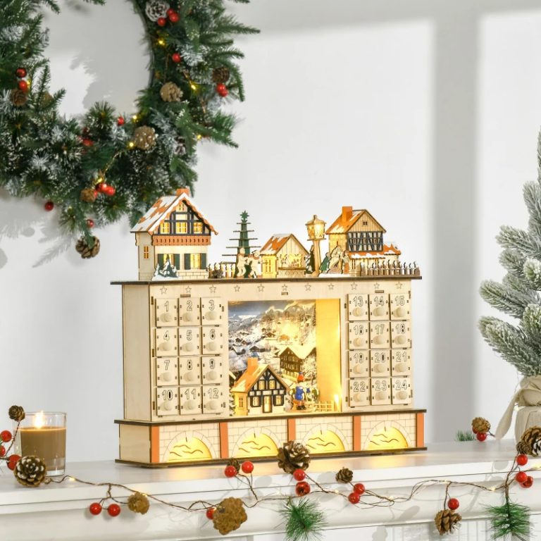 calendario dell'avvento in legno con villaggio natalizio